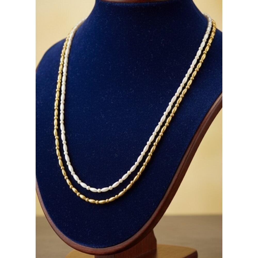 Classic Minimalist 2 Strand‎ Necklace Gold White Tone Plastic Beads Jewelry